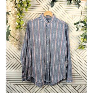 Gutteridge Blue Red Striped Button Down Linen  Long Sleeve Shirt Size 44 / 17.5